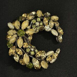 Vintage Rare Schreiner New York Floral Crescent Brooch Pin Yellow  Green Read